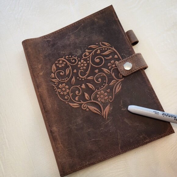 Leather Notebook Cover Floral Heart Natural Distressed Patina - Picture 13 of 14